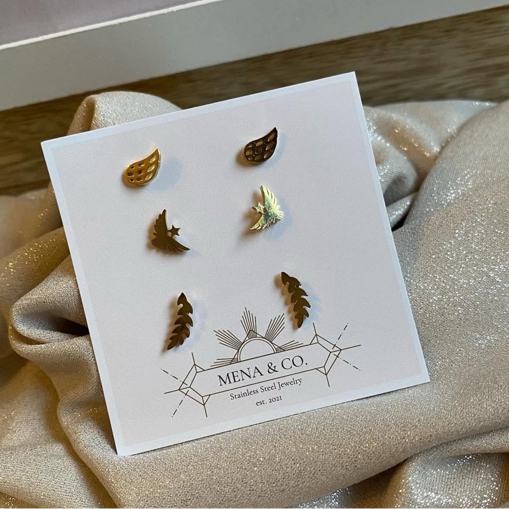 Gold Stainless Steel 3 set Wings Design Earrings